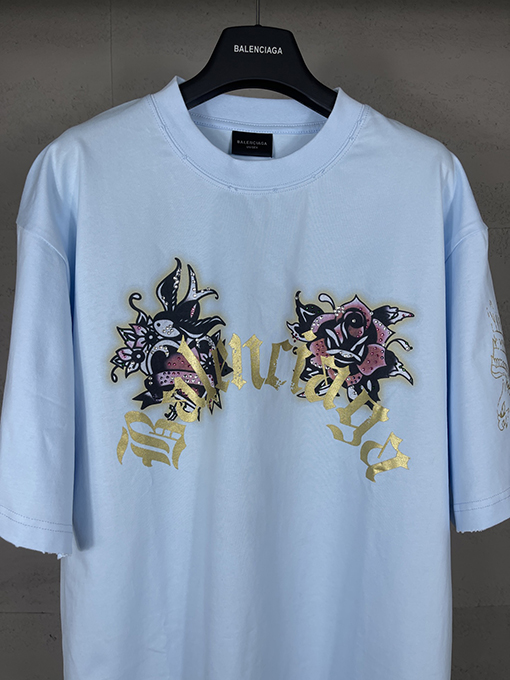 バレンシアガ Tucy Tattoo ストレートプリントホットドリル磨かれた古い半袖Tシャツ