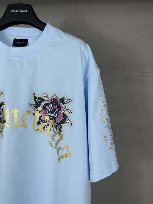 バレンシアガ Tucy Tattoo ストレートプリントホットドリル磨かれた古い半袖Tシャツ