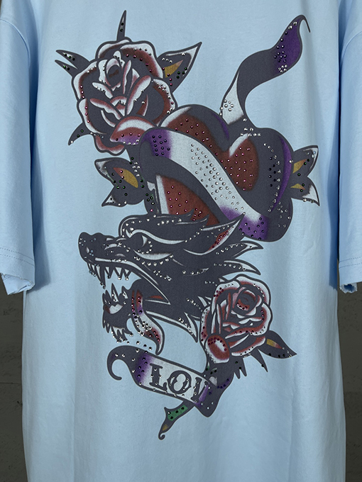バレンシアガ Tucy Tattoo ストレートプリントホットドリル磨かれた古い半袖Tシャツ
