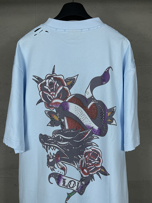 バレンシアガ Tucy Tattoo ストレートプリントホットドリル磨かれた古い半袖Tシャツ