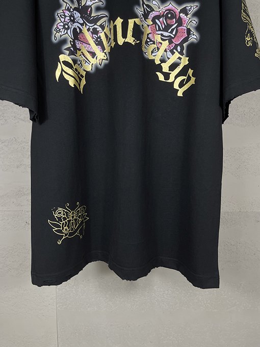 バレンシアガ Tucy Tattoo ストレートプリントホットドリル磨かれた古い半袖Tシャツ