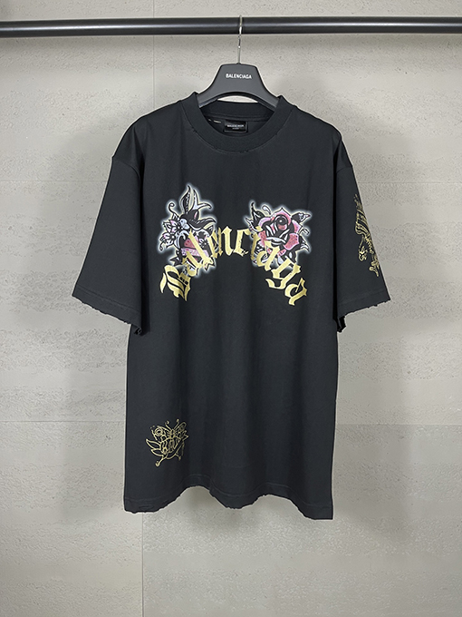 バレンシアガ Tucy Tattoo ストレートプリントホットドリル磨かれた古い半袖Tシャツ