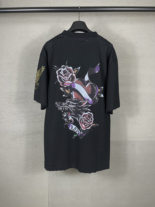 バレンシアガ Tucy Tattoo ストレートプリントホットドリル磨かれた古い半袖Tシャツ