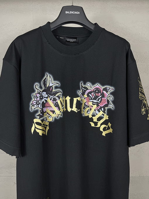 バレンシアガ Tucy Tattoo ストレートプリントホットドリル磨かれた古い半袖Tシャツ
