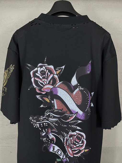 バレンシアガ Tucy Tattoo ストレートプリントホットドリル磨かれた古い半袖Tシャツ