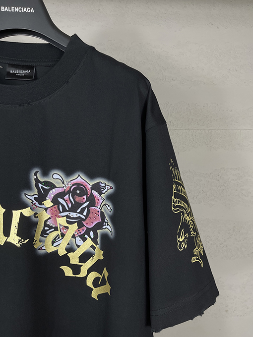 バレンシアガ Tucy Tattoo ストレートプリントホットドリル磨かれた古い半袖Tシャツ