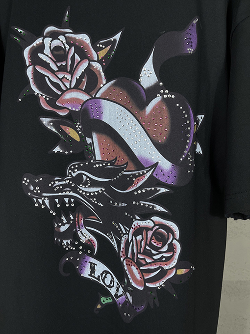バレンシアガ Tucy Tattoo ストレートプリントホットドリル磨かれた古い半袖Tシャツ