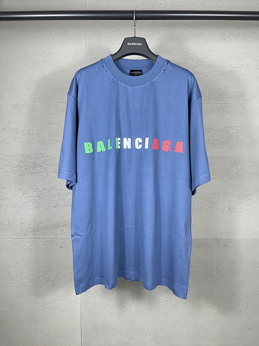 バレンシアガ イングリッシュカラーロゴフォームプリントウォッシュ磨かれた古い半袖Tシャツ