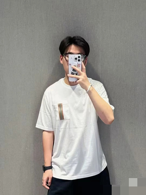 バーバリー 新しいポケットストライプシルクコットン半袖Tシャツ