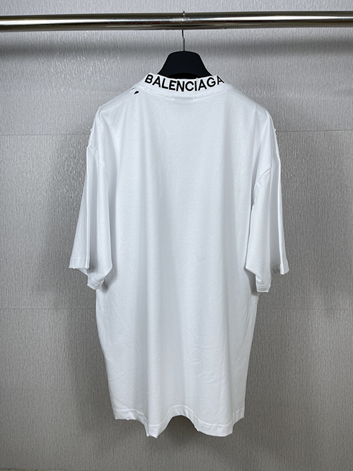 バレンシアガバック襟リブ刺繍文字レトロな服の磨かれた古い半袖Tシャツ