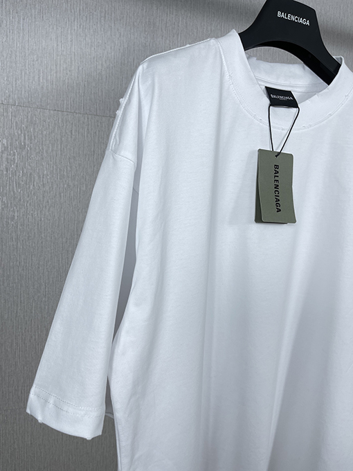 バレンシアガバック襟リブ刺繍文字レトロな服の磨かれた古い半袖Tシャツ