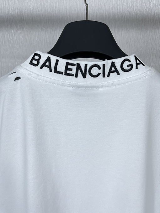 バレンシアガバック襟リブ刺繍文字レトロな服の磨かれた古い半袖Tシャツ