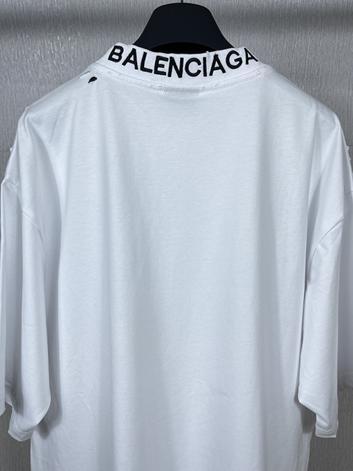 バレンシアガバック襟リブ刺繍文字レトロな服の磨かれた古い半袖Tシャツ