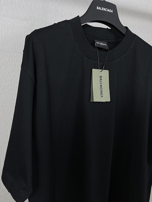 バレンシアガバック襟リブ刺繍文字レトロな服の磨かれた古い半袖Tシャツ