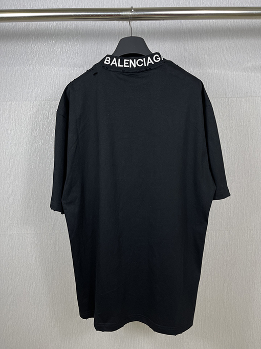 バレンシアガバック襟リブ刺繍文字レトロな服の磨かれた古い半袖Tシャツ