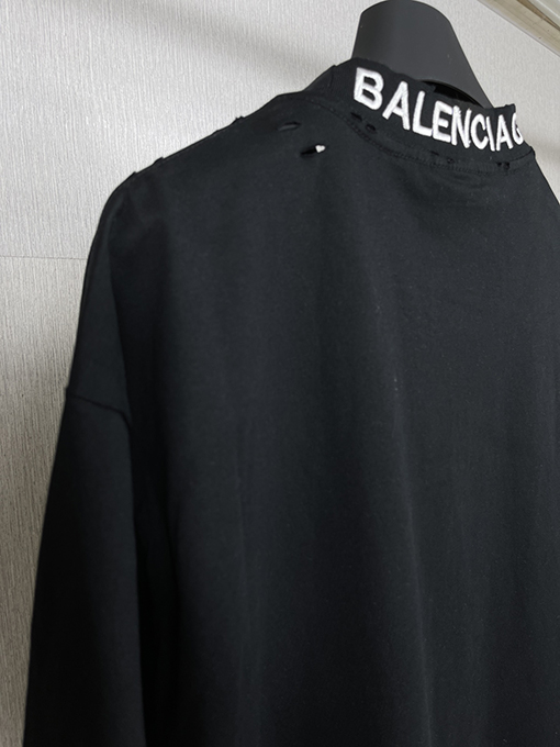 バレンシアガバック襟リブ刺繍文字レトロな服の磨かれた古い半袖Tシャツ