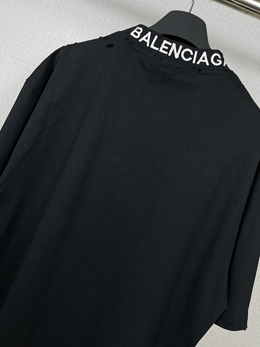 バレンシアガバック襟リブ刺繍文字レトロな服の磨かれた古い半袖Tシャツ