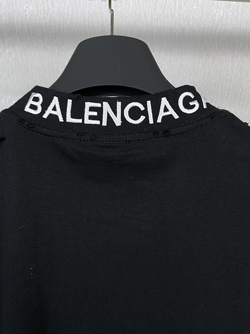 バレンシアガバック襟リブ刺繍文字レトロな服の磨かれた古い半袖Tシャツ