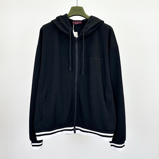 グッチ 黒と白のリブフード付きジッパージャケット