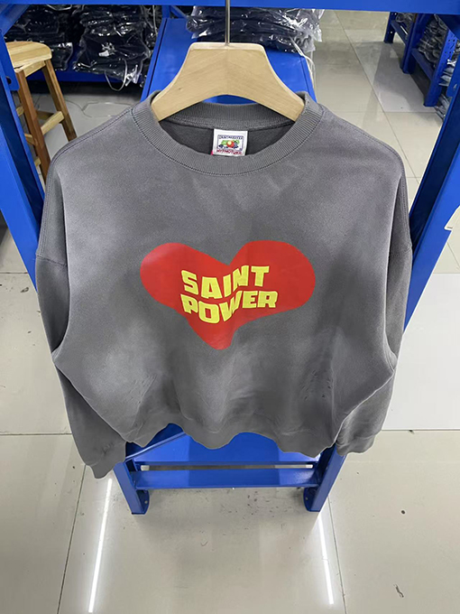 セント マイケル25SS“POWRER”プリントロゴウォッシュ古い長袖ラウンドネックパーカー