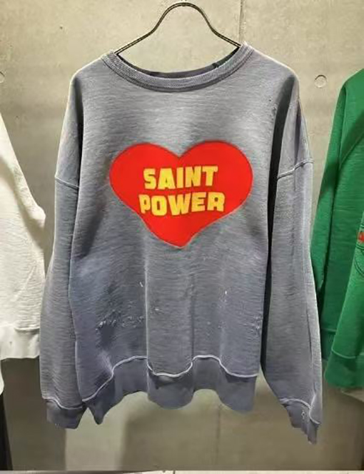 セント マイケル25SS“POWRER”プリントロゴウォッシュ古い長袖ラウンドネックパーカー