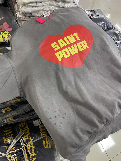 セント マイケル25SS“POWRER”プリントロゴウォッシュ古い長袖ラウンドネックパーカー