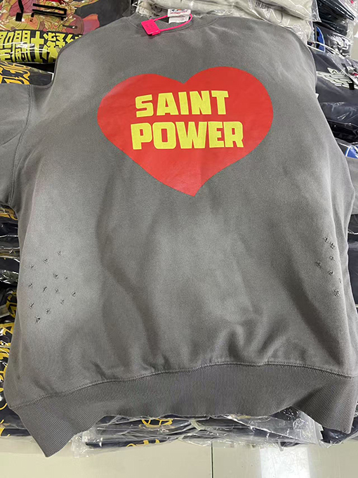 セント マイケル25SS“POWRER”プリントロゴウォッシュ古い長袖ラウンドネックパーカー