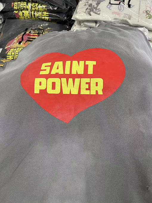セント マイケル25SS“POWRER”プリントロゴウォッシュ古い長袖ラウンドネックパーカー