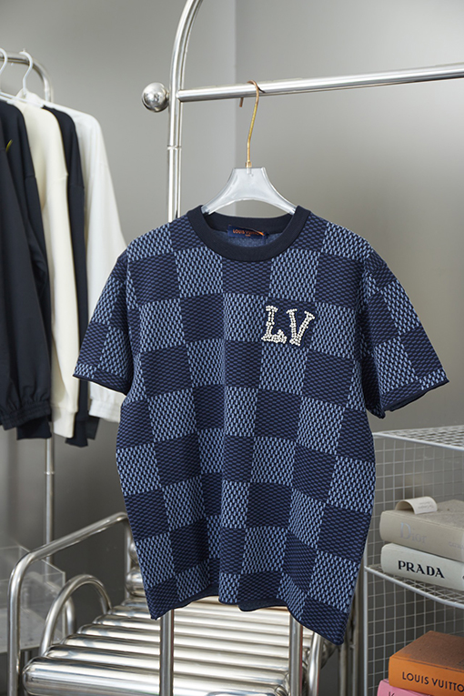 ルイヴィトン ラインストーン刺繍ロゴ文字編み半袖Tシャツ