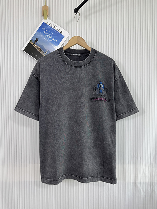 クロムハーツ新しい馬蹄十字プリント水洗い布刺繍半袖Tシャツ