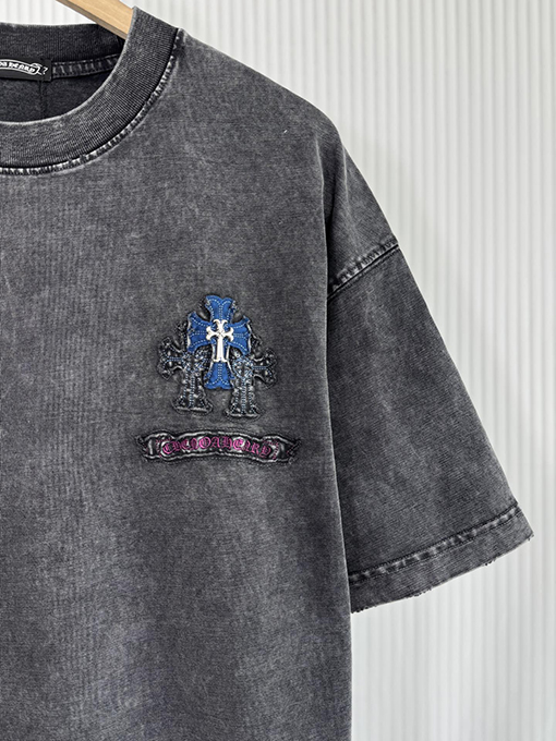 クロムハーツ新しい馬蹄十字プリント水洗い布刺繍半袖Tシャツ