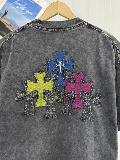 クロムハーツ新しい馬蹄十字プリント水洗い布刺繍半袖Tシャツ