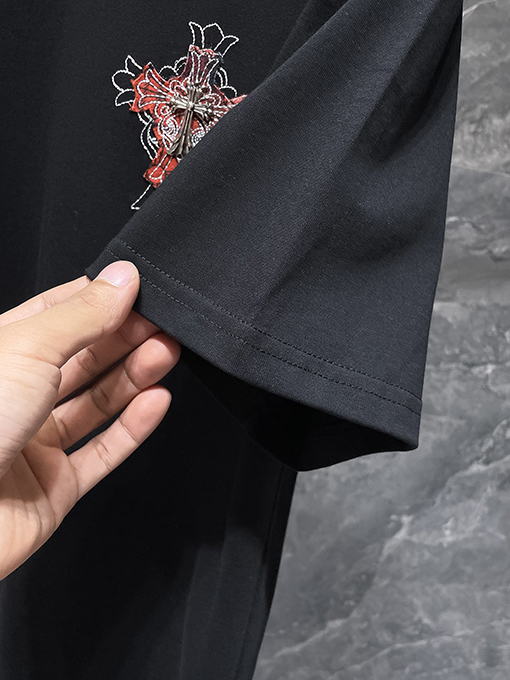クロムハーツ十字架の手作り布刺繍柳丁半袖シャツ