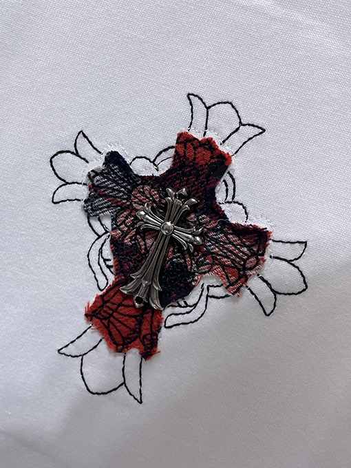 クロムハーツ十字架の手作り布刺繍柳丁半袖シャツ