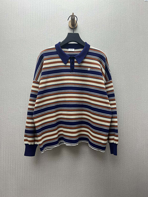 セリーヌ 新しいルーズストライプ刺繍コットン長袖ポロシャツ