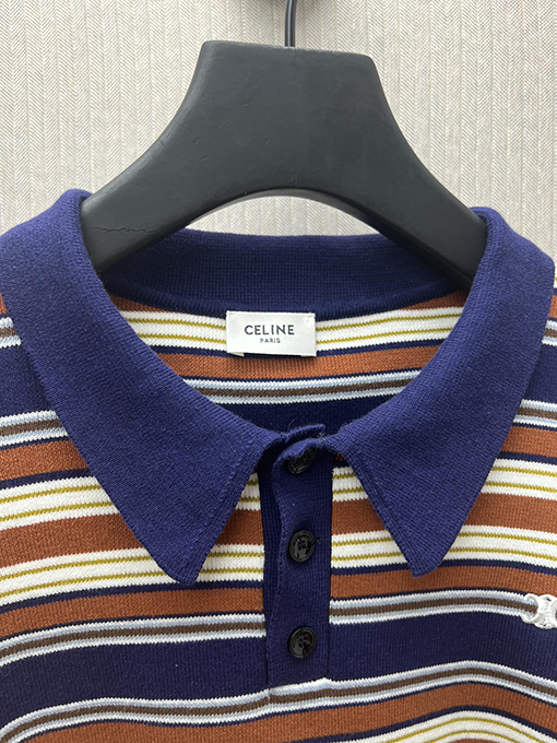 セリーヌ 新しいルーズストライプ刺繍コットン長袖ポロシャツ