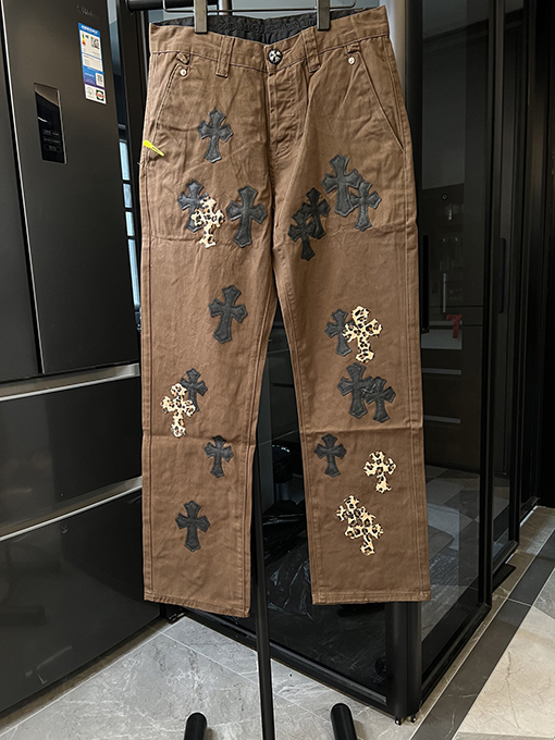 クロムハーツ 新しい茶色のヒョウ柄の十字貼りジーンズ