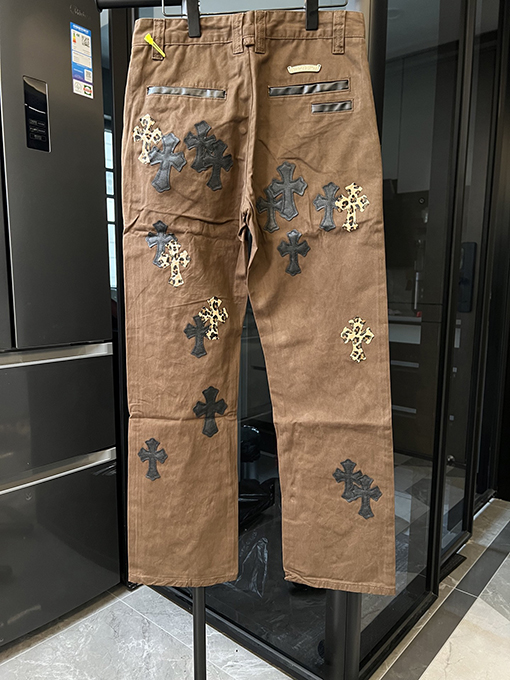クロムハーツ 新しい茶色のヒョウ柄の十字貼りジーンズ