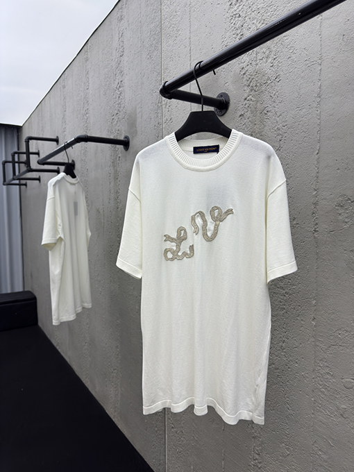 ルイヴィトン リボン刺繍ニット半袖Tシャツ