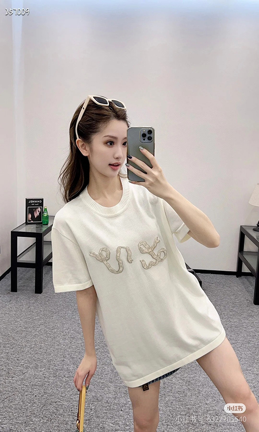 ルイヴィトン リボン刺繍ニット半袖Tシャツ