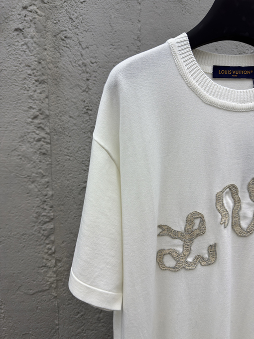 ルイヴィトン リボン刺繍ニット半袖Tシャツ