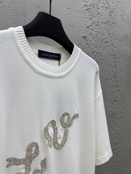 ルイヴィトン リボン刺繍ニット半袖Tシャツ
