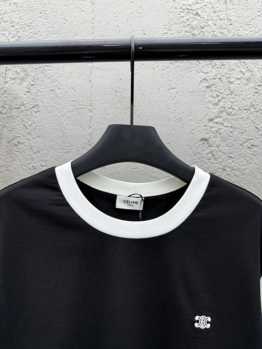 セリーヌ ファッションカラースリーブ刺繍半袖Tシャツ