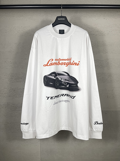 バレンシアガスーパーコピーLamborghini前後左右袖ストレートプリント長袖Tシャツ