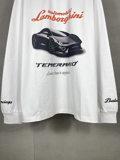 バレンシアガスーパーコピーLamborghini前後左右袖ストレートプリント長袖Tシャツ