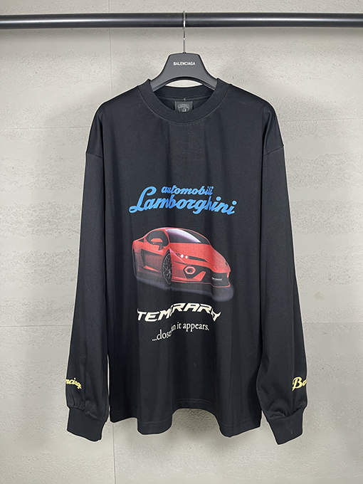 バレンシアガスーパーコピーLamborghini前後左右袖ストレートプリント長袖Tシャツ