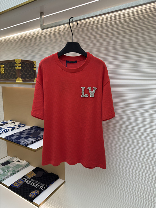 ルイヴィトンコピー ファッションダークチェックビーズ半袖Tシャツ