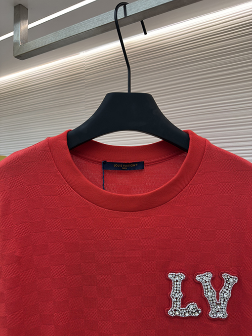 ルイヴィトンコピー ファッションダークチェックビーズ半袖Tシャツ