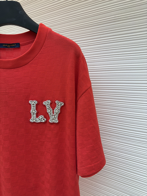 ルイヴィトンコピー ファッションダークチェックビーズ半袖Tシャツ