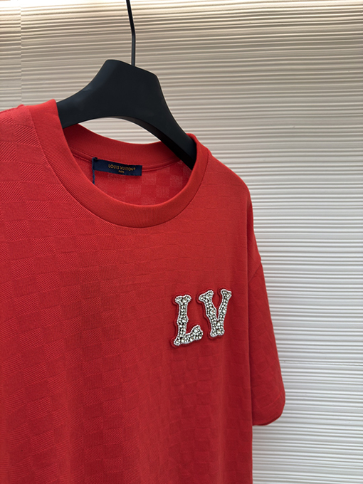 ルイヴィトンコピー ファッションダークチェックビーズ半袖Tシャツ